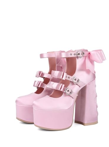 Mary Jane Sweet Lolita Platform High Heeled Pumps, Kawaii Cosplay Anime Satin Lace Bow Ribbon Heart Buckle, Y2K Punk Goth Hot Lovely Girl Big Large Size Baroque Shoes for Women Men