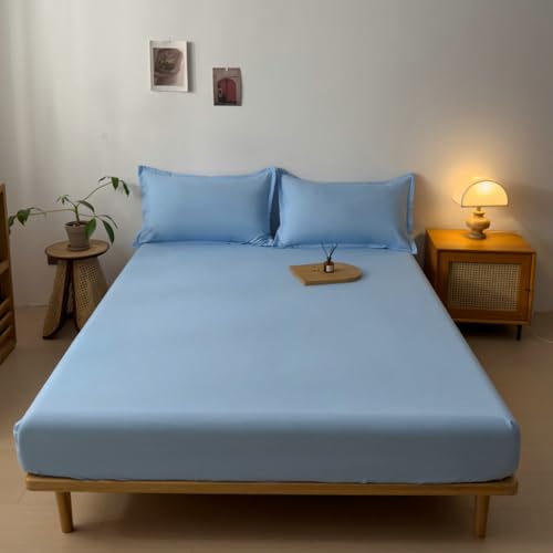 Sábana bajera ajustable de 150 x 200 cm, color azul, sábana bajera ajustable de algodón + 2 fundas de almohada