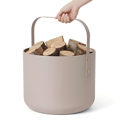 LIVLIG Design Kaminholzkorb Metall, Holzkorb für Kaminholz mit Henkel, Großer Korb für Kaminholz 36 x 44 cm, Brennholzkorb als Kaminzubehör, Aufbewahrungskorb in Matter Optik, Beige