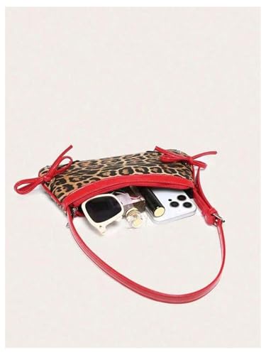 Women's Y2K Cheetah Bowknot Shoulder Handbags Studded Zipper Purse Small Underarm Bags3