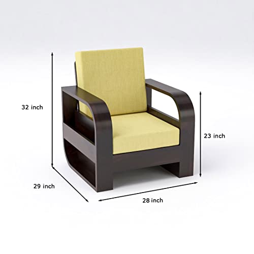 Image of Douceur Furnitures Solid Sheesham Wood 5 Seater Sofa | Five Seater Sofa Set for Living Room, Cafe, Office | (Walnut Cushion Lime Yellow)