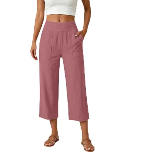 Pantalon capri d'été en lin pour femme à jambe droite et poches
