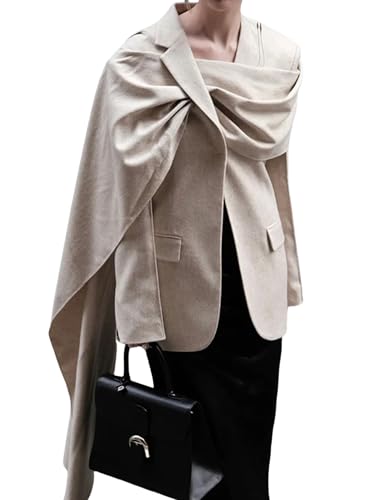 Solid Blazer for Women Scarf Collar Long Sleeve Jacket Patchwork Pocket Asymmetrical Female Fashion Blazers