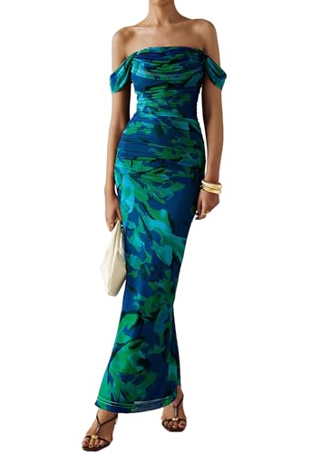 PRETTYGARDEN Maxi Dresses for Women 2025 Summer Elegant Floral Off Shoulder Ruched Mesh Cocktail Wedding Guest Dress2