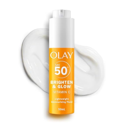 Olay Vitamin C Brighten & Glow Fluido Hidratante 3 en 1 SPF50+. Crema Facial Antiedad y Prebase con Niacinamida. Hidratación, Luminosidad y Protección UV. Efecto Antimanchas. 50ml