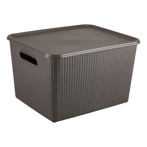 Image of Kolorr Ribbed Baskets Large Pack of 1 With 1 Standard Lid (Non-Airtight Loose-Fit Cover) Multipurpose Plastic Storage Baskets For Cloths Toys Wardrobe Home Kitchen & Livingroom I Dark Brown