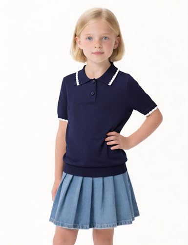 Image of Girls Short Sleeve Polo Shirt V Neck Button Down Shirts Summer Knit School Uniform Crop Tops