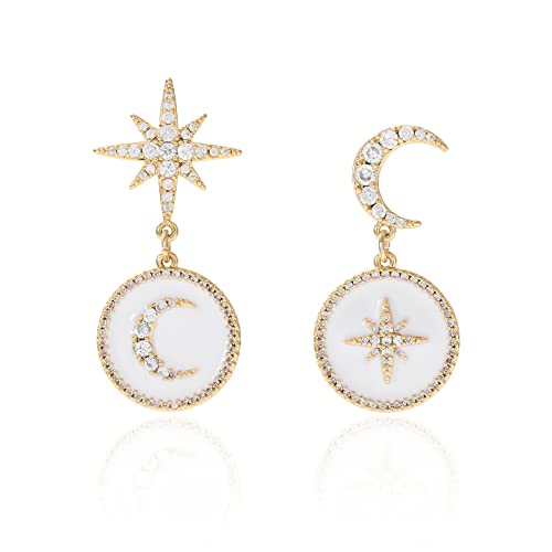 MESOVOR Boucles d'oreilles Femme Pendantes Lune, Boucles d'oreilles Asymétriques en Zircone Scintillante Plaqué Or 16K (blanc) Cover