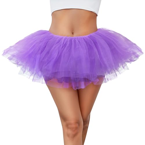 Women 5 Layers Tutu Fluffy Dance Ballet Bubble Skirt Puffy Elastic Tulle Short Skirts Halloween Christmas Costume Purple