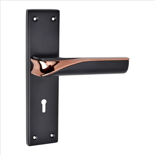 Image of Milton ZINC Mortise Lock Set with Wave Design, Black and Rose Gold Finish, 8 Inch