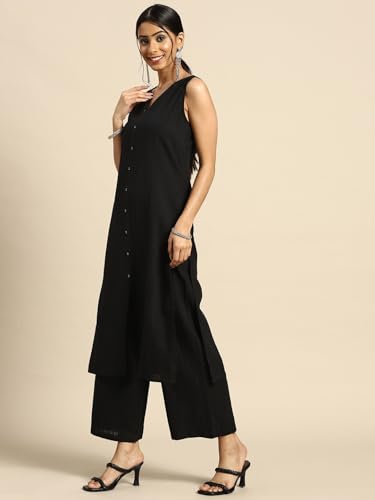 Image of GoSriKi Women's Cotton Blend Straight Solid Kurta with Palazzo & Dupatta