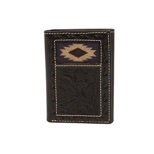 Nocona Men's Black Genuine Leather Trifold Wallet, Southwestern Fabric Inlay, Traditional Western Flair