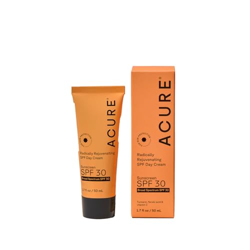Acure Radically Rejuvenating SPF 30 Day Cream - Anti-Aging Sun Protection with Turmeric, Ferulic Acid & Vitamin C - Antioxidant Support, Calms and Soothes Skin - 100% Vegan - 1.7 Fl Oz, Scented