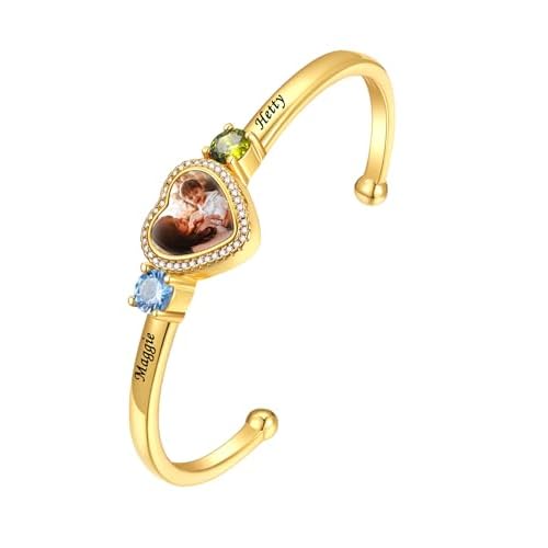 FindChic Customized Photo Bracelets for Women Heart Charm Bangle/Leather Band Stainless Steel/18K Gold Plated/Black Adjustable Personalized Bracelets,