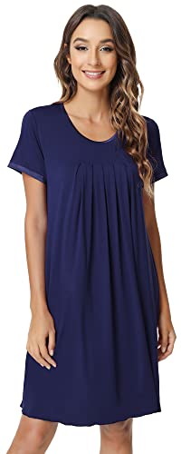 Nachila Womens Bamboo Nightgown Soft Short Sleeve Sleepwear Pleated Crew-Neck Nightshirt Comfy Sleep Shirt Navy Blue Xx-Large #TOP7