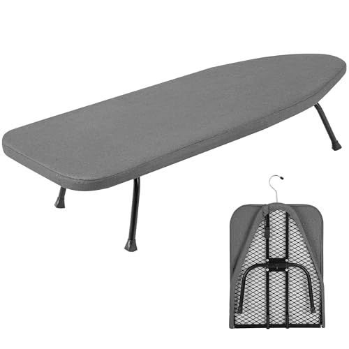 FREEAMG Klappbares Tisch-Bügelbrett 81x32cm Aufhängbarer Tischbügelbrett mit Hochtemperaturbeständiger Abdeckung und Rutschfesten Füßen Klappbares Bügelbrett für Reise & Zuhause Grau