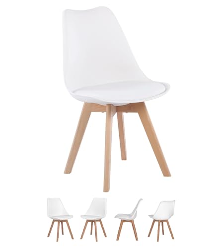 sinlikon Lot de 4 Chaise Scandinave avec Coussin en Mousse Epaisse et Dossier Respirant,Chaises de Salle à Manger avec Pieds en Bois (4, Blanc, 80x47x42CM)