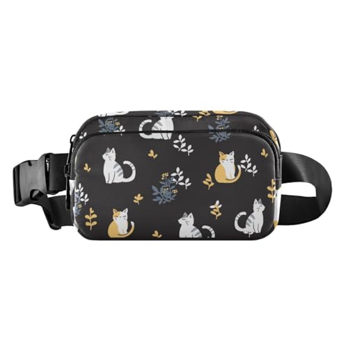 Akiraki ウエストポーチ レディース 軽量 ランニングポーチ おしゃれ ネコ 猫 ねこ 葉 黒 ブラック かわいい スマホ対応 貴重品 小物入れ ウォーキング ボディバッグ 大容量 防水 防汗 ウエスト バッグ ユニセックス 斜め掛け 自転車 ジョギ