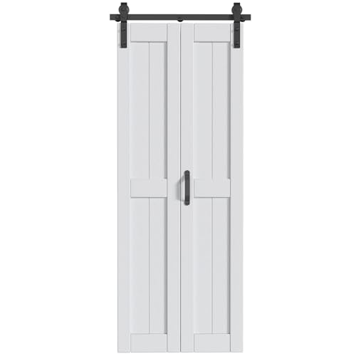 Finosen Puerta de granero plegable de 32 x 84 pulgadas (doble de 16 pulgadas), puertas correderas de armario plegables con kit de rieles de hardware incluido, riel de 3 pies para 2 puertas, panel de