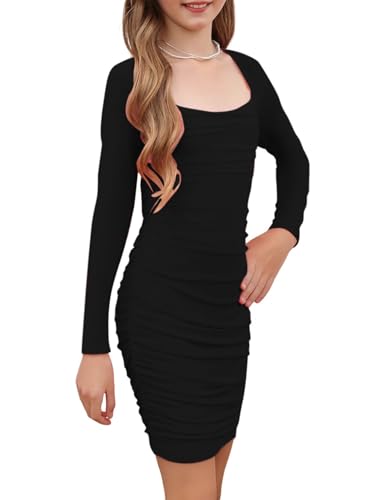 Verdusa Girl's Ruched Mesh Mini Dress Square Neck Long Sleeve Short Bodycon Dresses2