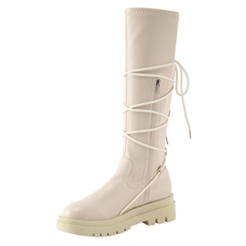 Botte confortable fond épais blanche mi-mollet pour marcher au chaud en hiver