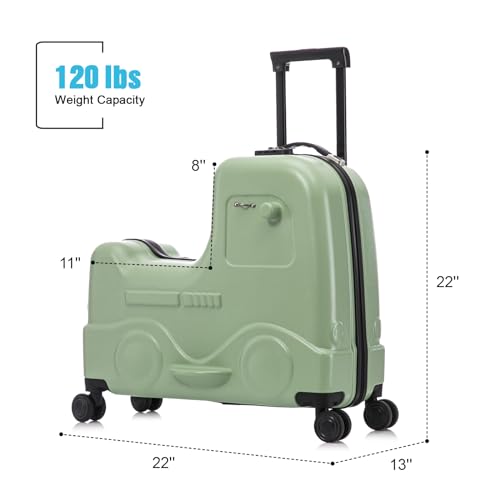 Apelila 22 inch Ride on Suitcase for Kids Travel Trolley Luggage with Spinner Wheels for Child with Combination Lock/Safety Belt/Telescoping Handle (Green)