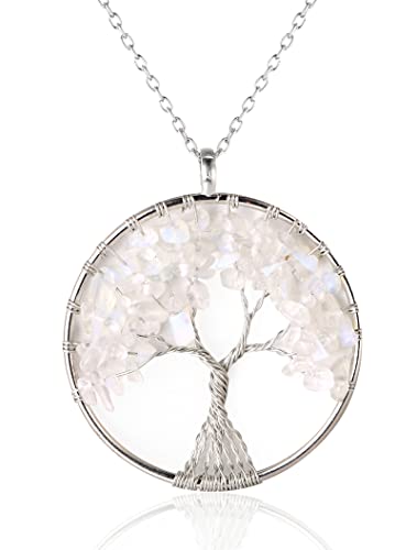 HALUKAKAH Femme Cristaux Pierres Collier Laiton Plaqué Platine Fil de fer Naturel Pierre de Lune Fait à la Main Arbre de Vie Enroulé Pendentif 5cm Chaîne 50cm