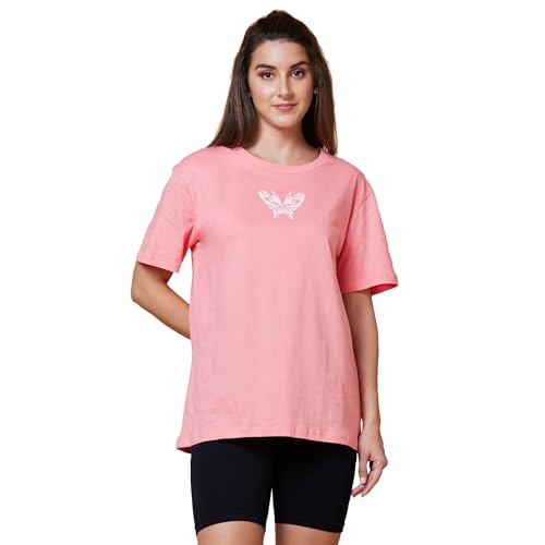 Image of Globus Women Pink Boxy Fit Typography Cotton T-Shirt-3639407001