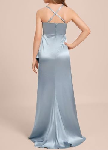 dideyttawl Sheath Junior Bridesmaid Dress with Slit Square Neck Stretch Satin Ruffles Flower Girl Dress 25213