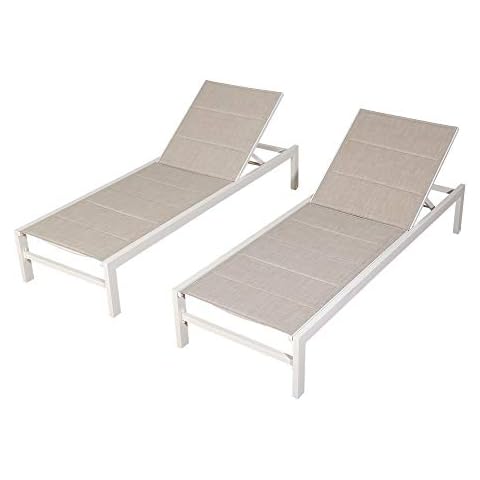 Iwicker 2 PCS Patio Aluminum Chaise Lounges Outdoor Weather-Resistant Textilene Quick Dry Foam Padded Lounge Chairs with Adjustable Backrest and Wheels, Beige, (IW-580043D) Cover