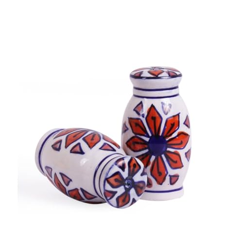 Image of VarEesha Hand Painted Orange Flowers on White Ceramic Salt n Pepper Set for Dining Table Used as Namak Dhani, Shaker, Sprinkler for Home, Kitchen and Restaurant