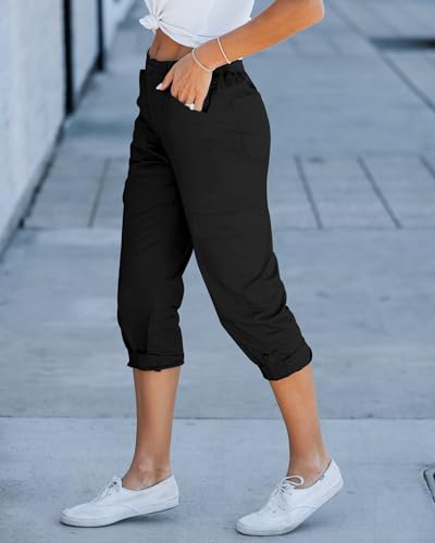 GRAPENT Cargo Capri Pants for Women High Waisted Relaxed Fit Elastic Knit Waist Casual Capris Trousers Cropped Pants4