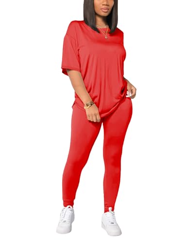 HBQ Women 2 Piece Outfits Summer Sweatsuits Drop Shoulder Tracksuits Biker Short Workout Jogger Sets Red XL