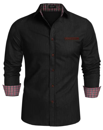 COOFANDY Jeanshemd Herren Hemd Langarmhemd Cowboy Western Denim Shirt Freizeithemd Männer Kent-Kragen Smoking Hemden Slim fit Trachtenhemd Schwarz 3XL