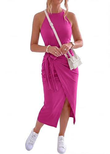 Image of NOLLSOM Women Casual Sleeveless Striped Tank Midi Dresses Halter Neck Ruched Bodycon Dresses Tie Waist T Shirt Summer Dress