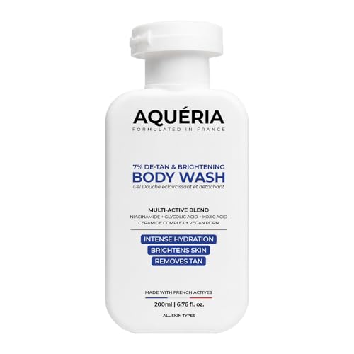 Image of Aqueria Instant De-Tan & Brightening Exfoliating Body Wash with Kojic Acid, Niacinamide, Glycolic Acid, Ceramide Complex & Vegan PDRN | Tan Removal Shower Gel for Dark Spots, Pigmentation & Uneven Skin Tone | Gentle Exfoliating Detan Body Cleanser | Works on Strawberrry Skin & Bump, Removes Acne & Acne Marks | Suitable for All Skin Types | 200ml