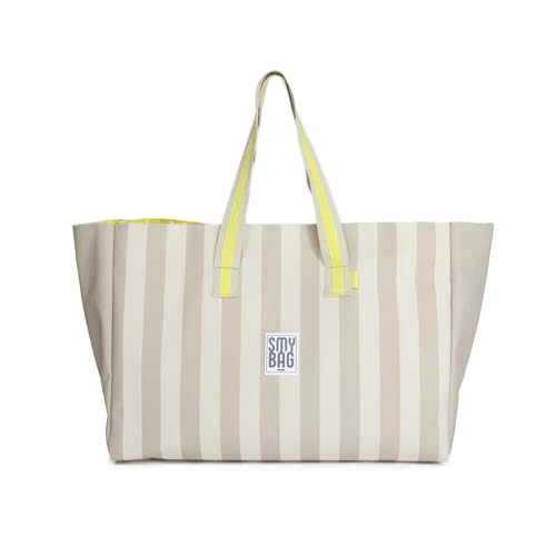 Ponette - Bolsa de Playa Familiar XXL de Rayas Tostado y Arena con Asas Amarillo y Crudo, Forro, Bolsillo, Cintas para Cierre, Playa, Piscina, Tote, Marca Española