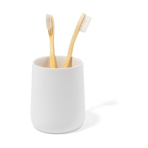 Yew Design Matte White Toothbrush and Toothpaste Holder and Cup for Bathroom Vanity and Countertop, Round Organizer for Electric Toothbrushes, Floss, Razors, Cotton, and Mouthwash Cover