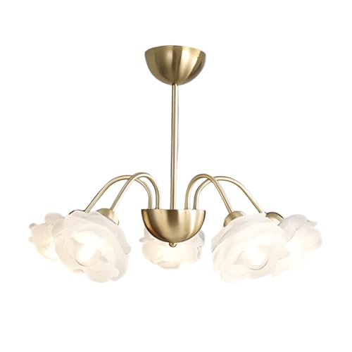 Lustre moderne à 5 têtes doré, luminaire suspendu d'exception en verre opalin