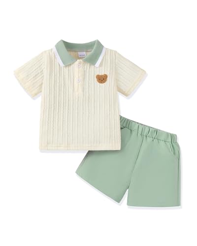 Renotemy 18 Months Boys Clothes Toddler Summer Outfits for Boys Apricot Polo Shirt Green Shorts Set Breathable 2 Piece Outfits Boy Clothing Sets 18 24 Month Boy Clothes