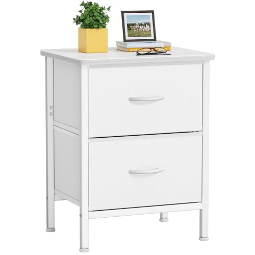 HOMIDEC Bedside Table,Side Table with 2 Fabric Drawers and Metal Frame,Large Capacity Storage Bedside Cabinet for Bedroom,Living Room and Sitting Room ect.White Leather