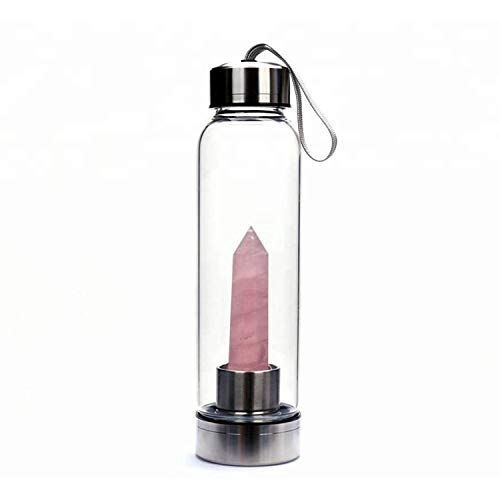 ABHOME Crystal Water Bottle - Rose Quartz Gemstone Crystal Infused Water Bottles Natural Wellness Healing Borosilicate Glass Energy Water Bottle Amethyst Obsidian Green Fluorite (Rose)