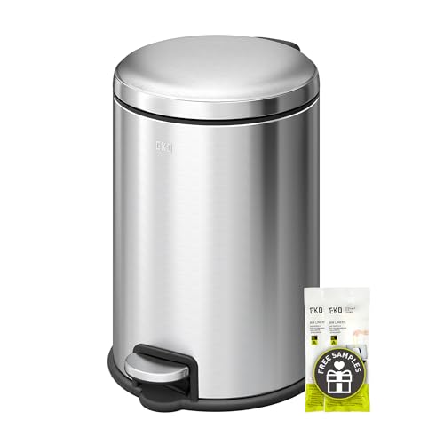 EKO Serene 5L / 1.32 Gallon Step Trash Can with Lid, Small Stainless Steel Round Garbage Can with Removable Inner Bucket, Compact Bin for Powder Rooms, Offices & Tight Bathroom Spaces.