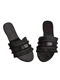 OYOANGLE Women's Fringe Trim Satin Open Toe Flat Slide Sandals Summer Casual Slip on Dressy Sandals Black CN40