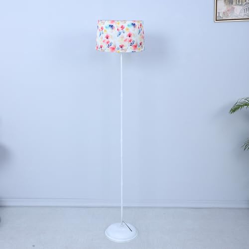 Image of tu casa White Metal-Iron Base Foldable Floor Lamps with Flower Print & Satin Shade for Bedroom, Living Room, Lounge, Office Area, Gifting Without Bulb for Home Decoration (Height - 57 inch)