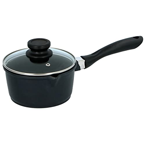 Cacerola de inducción con tapa de vidrio Revestimiento de teflón Cacerola de aluminio fundido para verter labio Leche Pan Sopa Té Olla de cocina Apto para todas las estufas, Negro, 1.3LTR, 16cm