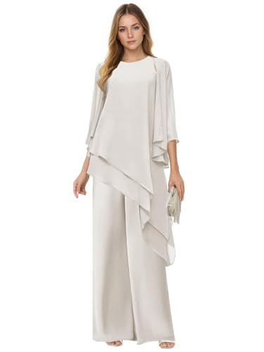 3 Piece Mother of The Bride Pant Suits with Jacket Chiffon 3/4 Sleeve Formal Wedding Outfit WT011 Ivory