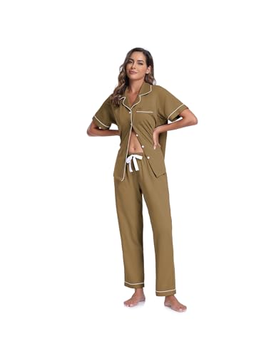 Image of CF Womens 100% Cotton Pajamas Set Button Down Pjs Sets Short Sleeve Top & Long Pants Sleepwear Comfy Loungewear with Pockets