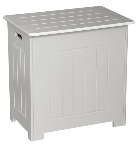 White Wooden Laundry Basket with Lid – Freestanding Bathroom Storage Hamper Cabinet, Stylish Laundry Bin & Clothes Organiser Unit for Towels, Bedding & Everyday Use