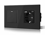BSEED Interruptor Conmutador y Enchufe USB C,Basculante Con Luz de Orientación,Marco de Cristal,Fácil Instalación,Fáciles de Limpiar,1 Gang 2 Vía Con Enchufe USB/Tipo C,157mm Negro